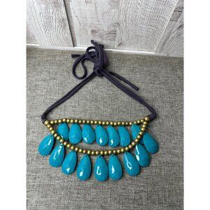 Turquoise & Gold Color Beaded Teardrop Necklace w/ Adjustable Black Fabric Cord